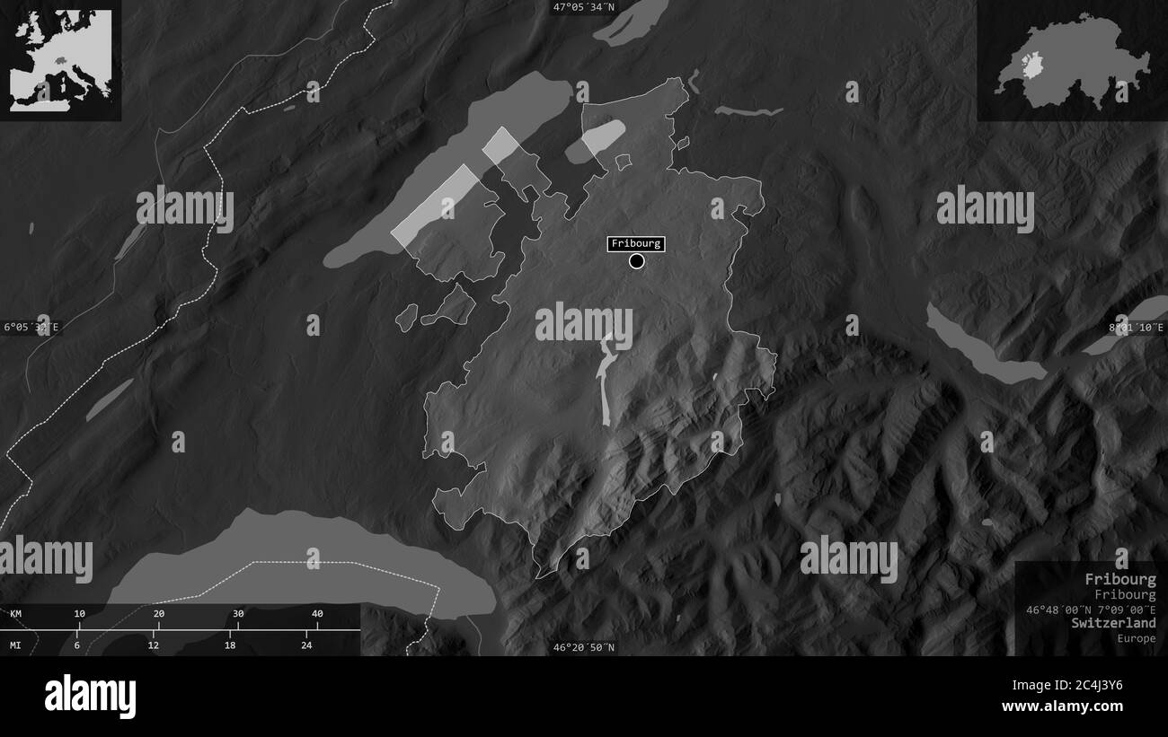 Fribourg, canton of Switzerland. Grayscaled map with lakes and rivers. Shape presented against its country area with informative overlays. 3D renderin Stock Photo