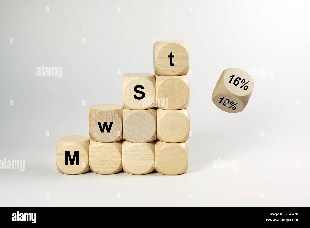 MwSt (value added tax) written on wooden dices, one is falling and turns from 19% to 16%, finance concept, German economic stimulus package after the Stock Photo