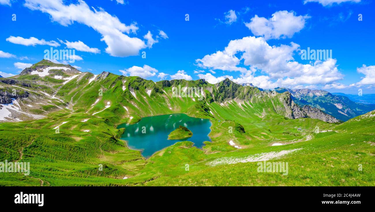 Lake Schrecksee - A beautiful turquoise alpine lake in the Allgaeu alps near Hinterstein, hiking destination in Bavaria, Germany Stock Photo