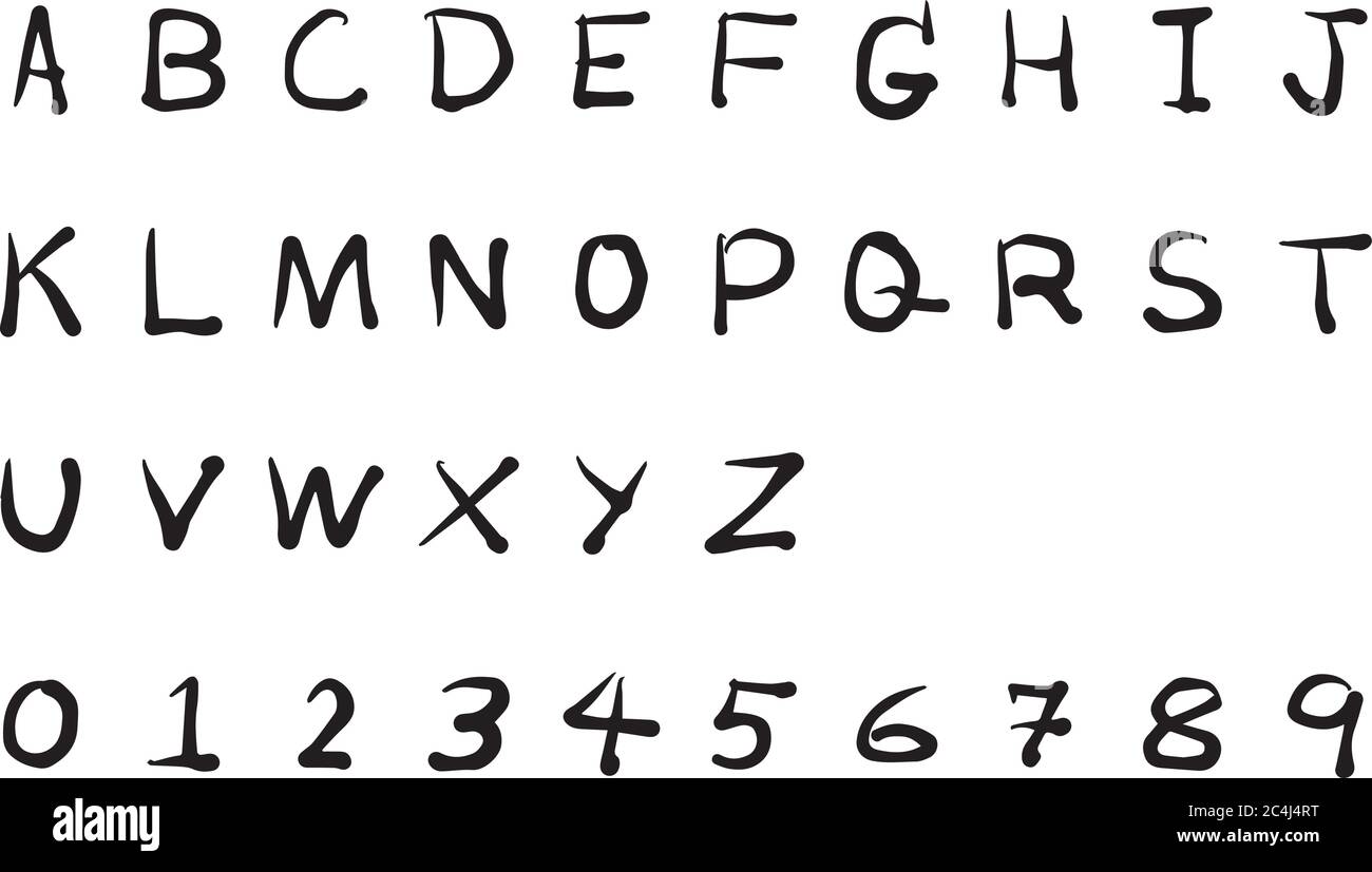 Black color handwriting of english alphabet and number on white