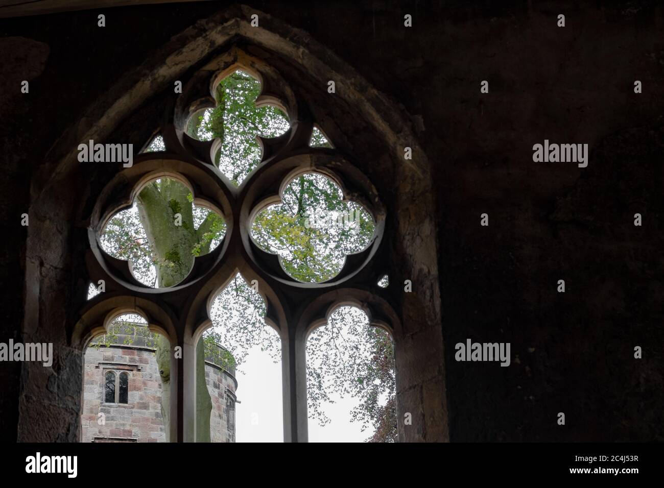 Detailed view of the interior, looking out of a medieval building. Stock Photo