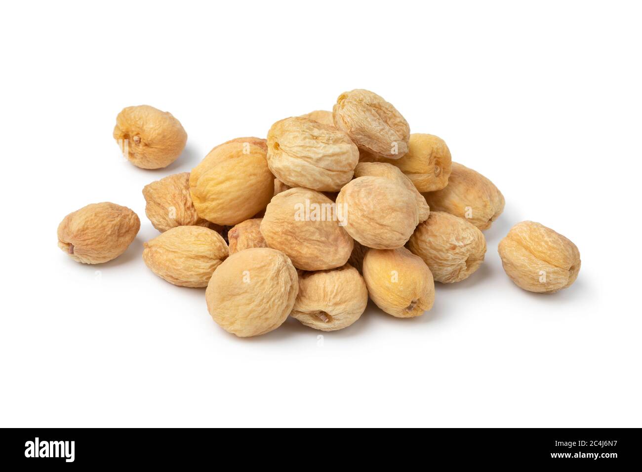 Heap of dried sweet orange apricots with seed inside without preservatives isolated on white background Stock Photo