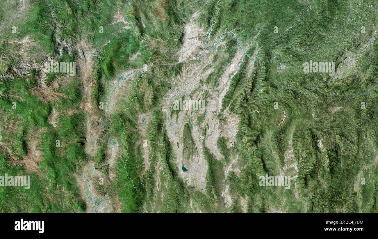Chiang Rai, province of Thailand. Satellite imagery. Shape outlined ...