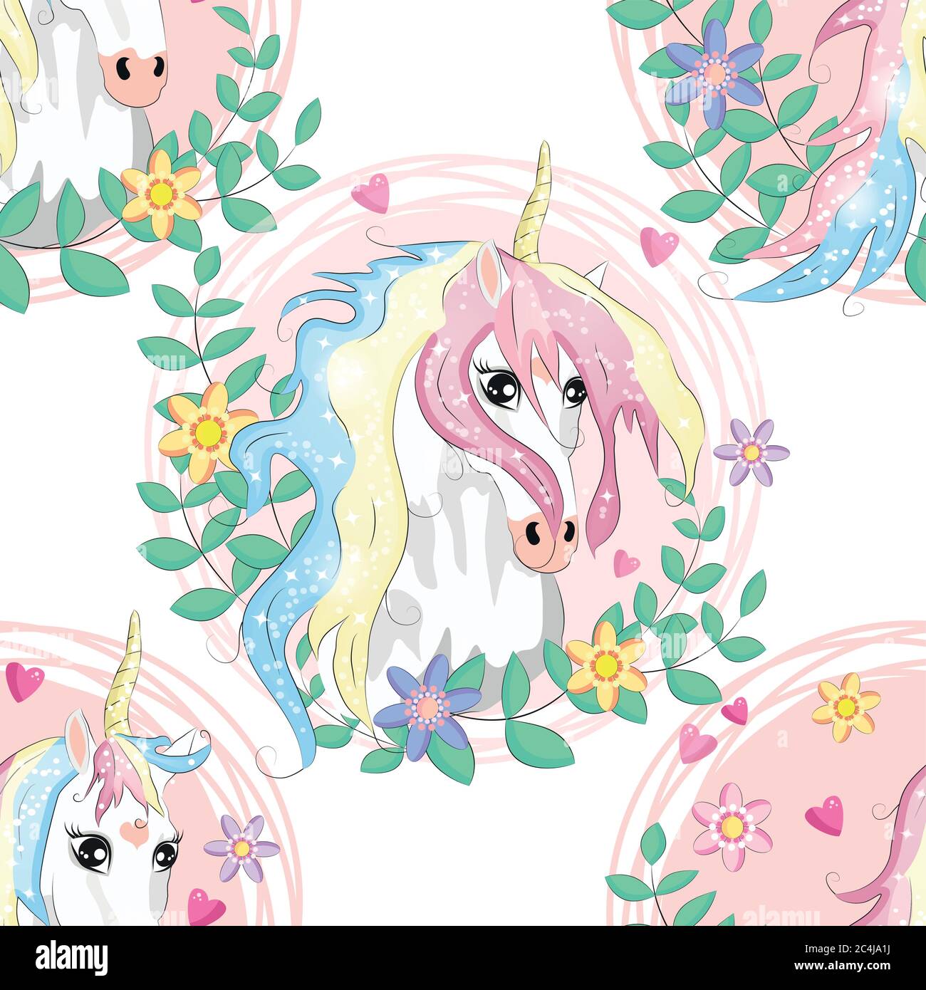 seamless pattern with cute unicorns, clouds,rainbow and stars. Magic ...