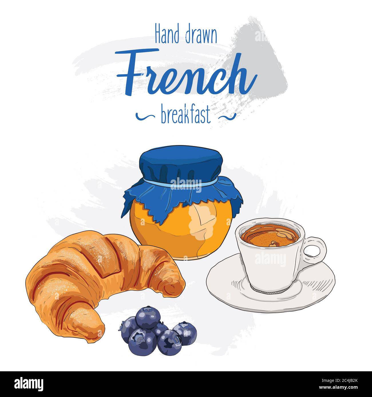 Hand drawn French breakfast menu. Croissant, espresso, jam and blueberries. Stock Photo