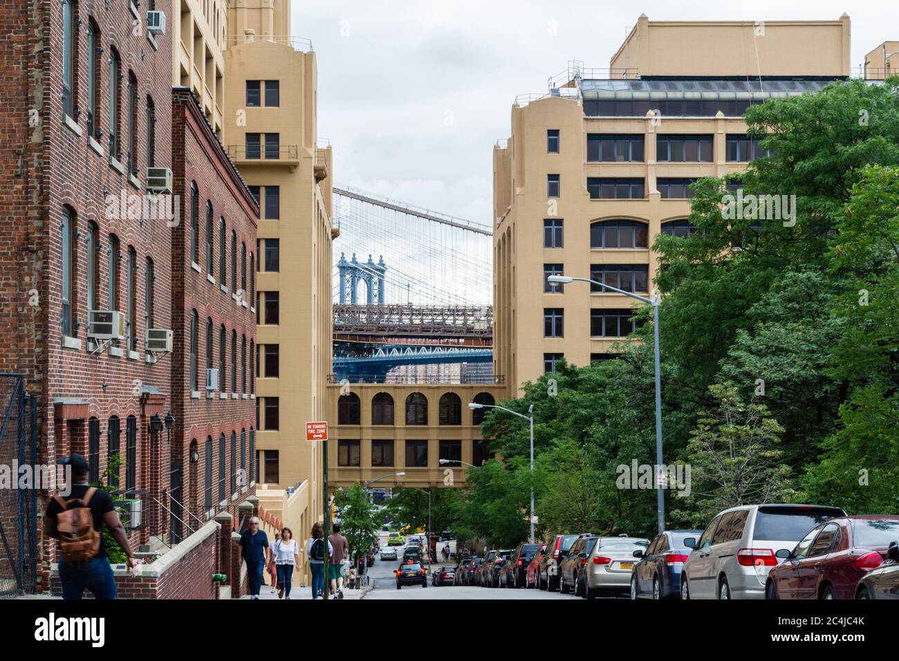 Brooklyn and Manhattan bridges seen from Columbia Heights street in Brooklyn, New York Stock Photo