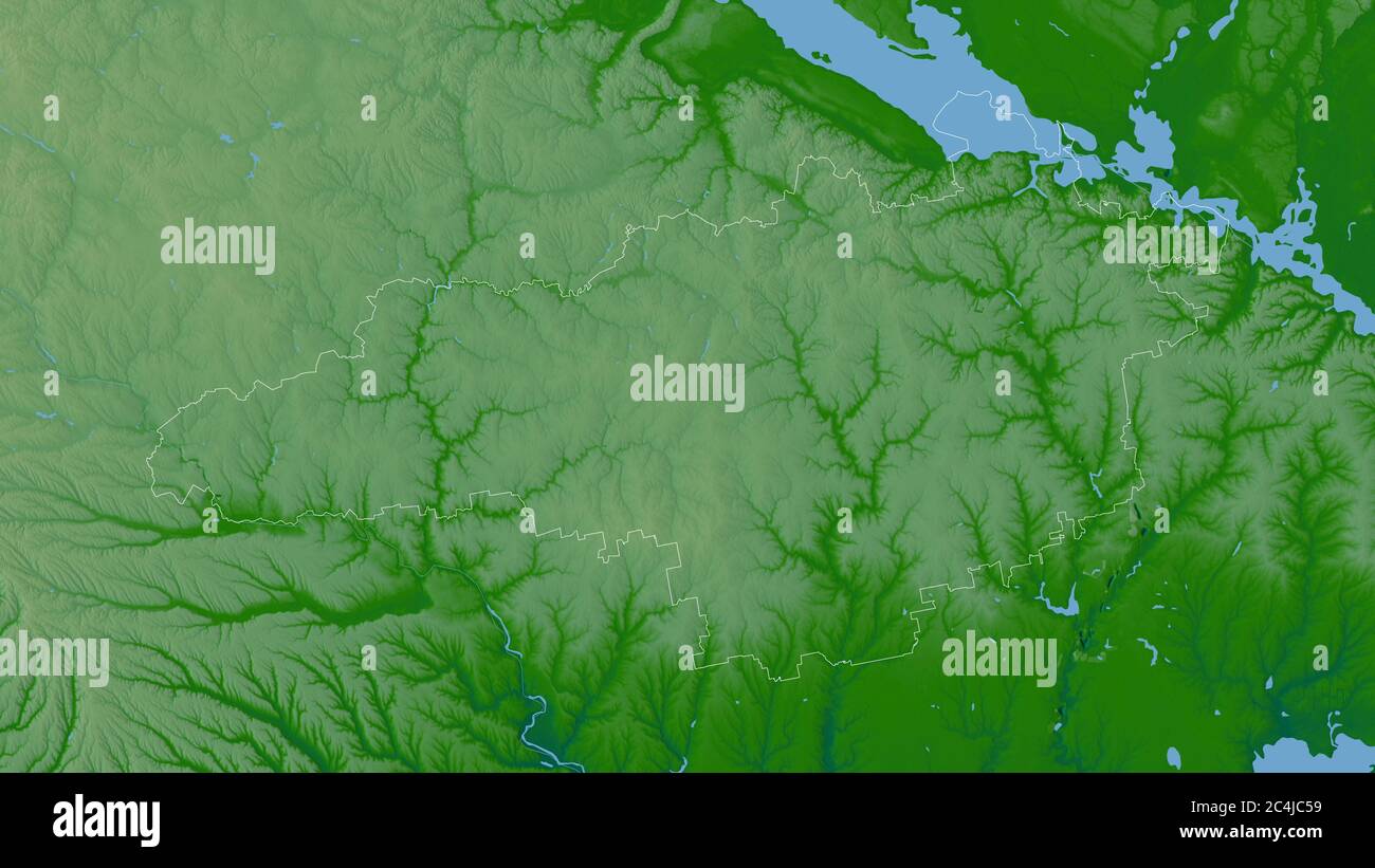 Kirovohrad, region of Ukraine. Colored shader data with lakes and rivers. Shape outlined against its country area. 3D rendering Stock Photo