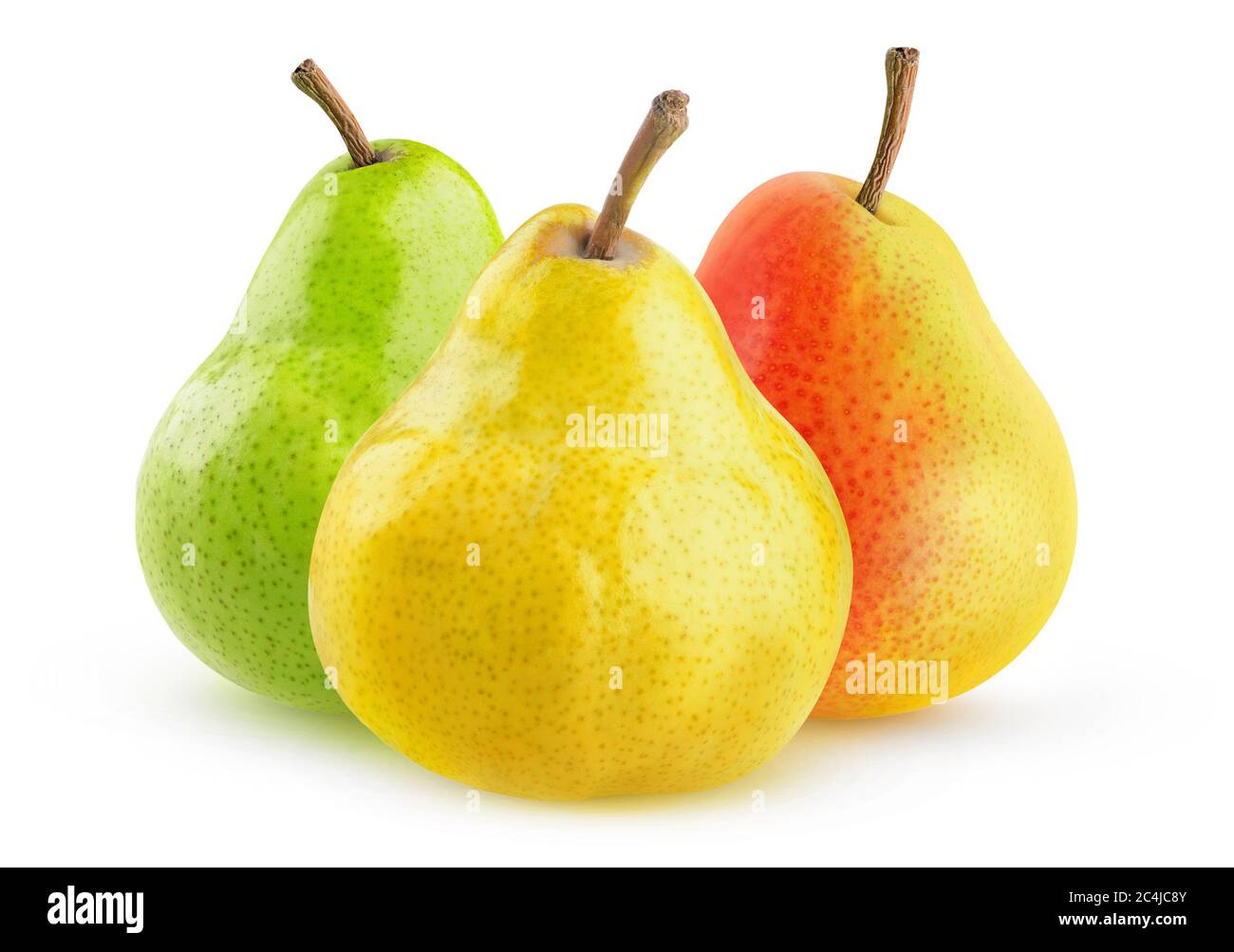 Three isolated pears. Yellow, green and yellow red pear fruits isolated on white background Stock Photo
