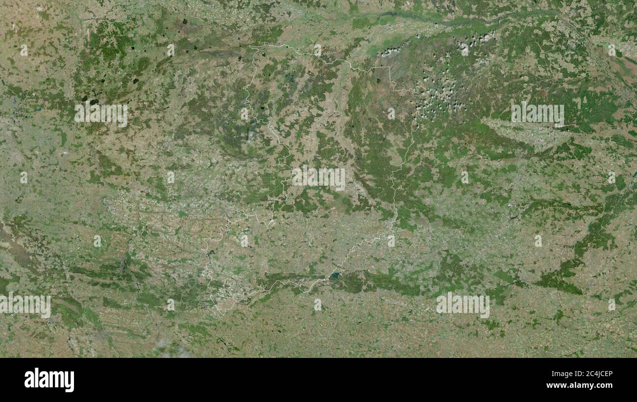 Rivne, region of Ukraine. Satellite imagery. Shape outlined against its country area. 3D rendering Stock Photo