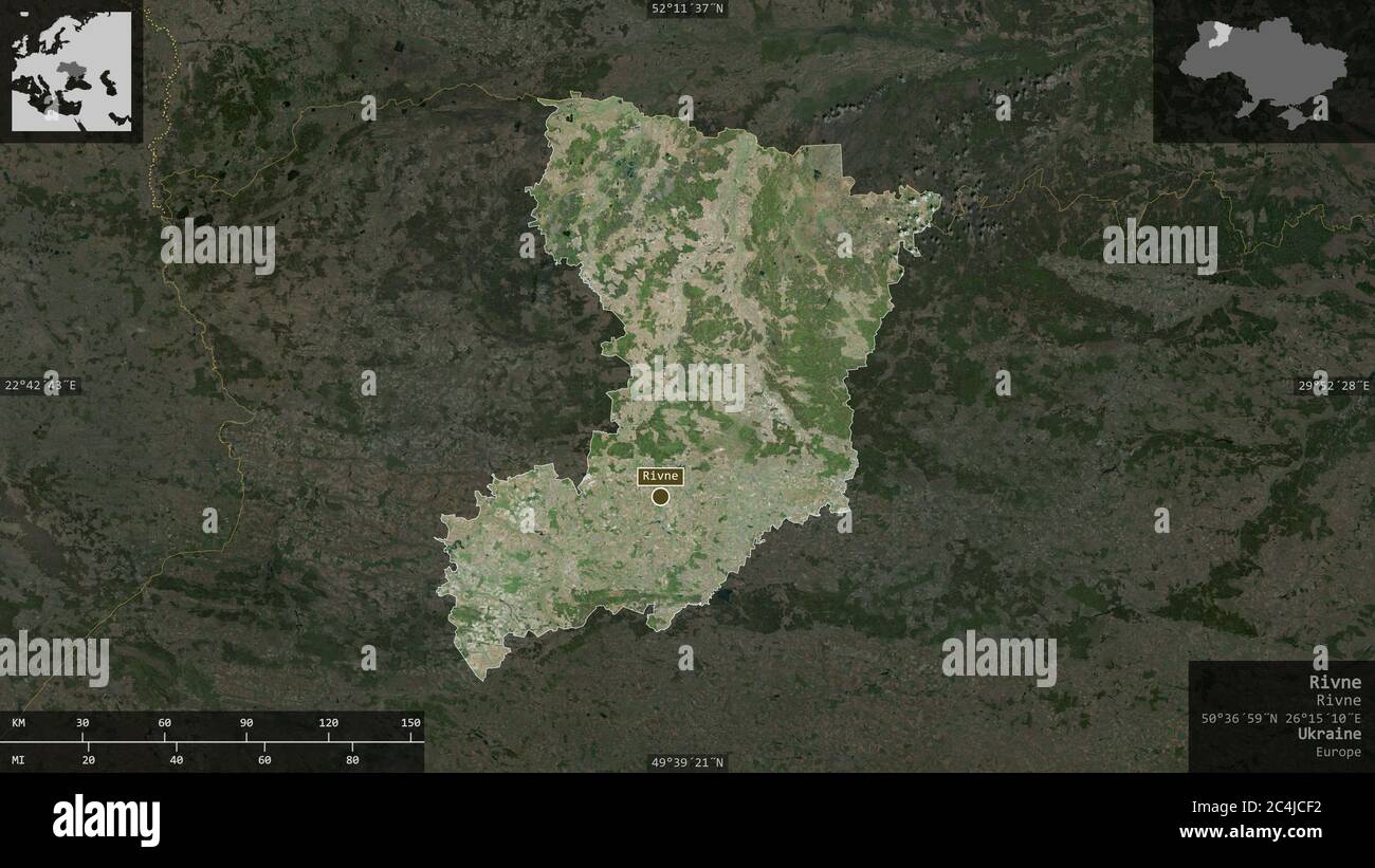 Rivne, region of Ukraine. Satellite imagery. Shape presented against its country area with informative overlays. 3D rendering Stock Photo
