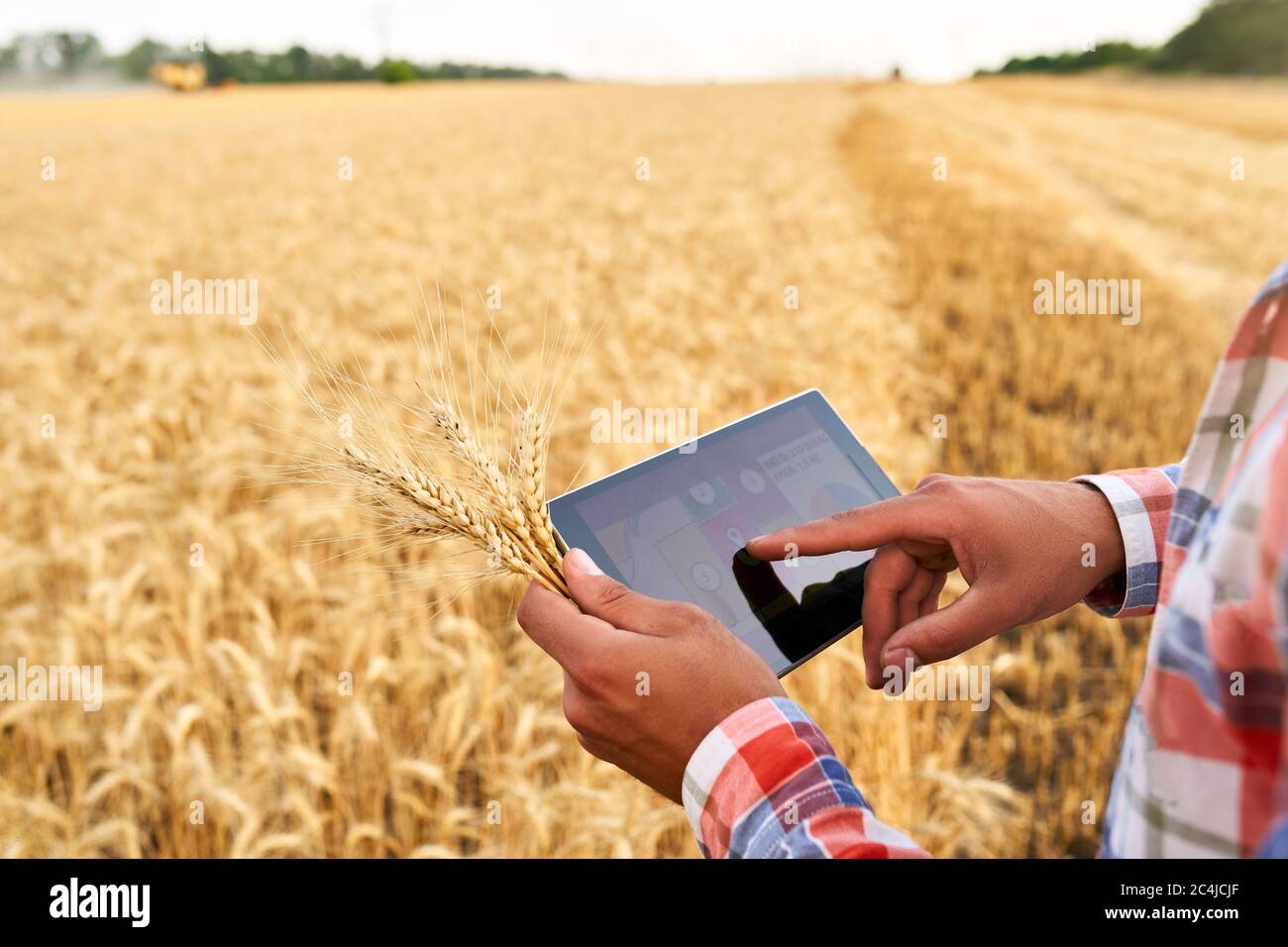 Precision farming. Farmer hands hold tablet using online data ...