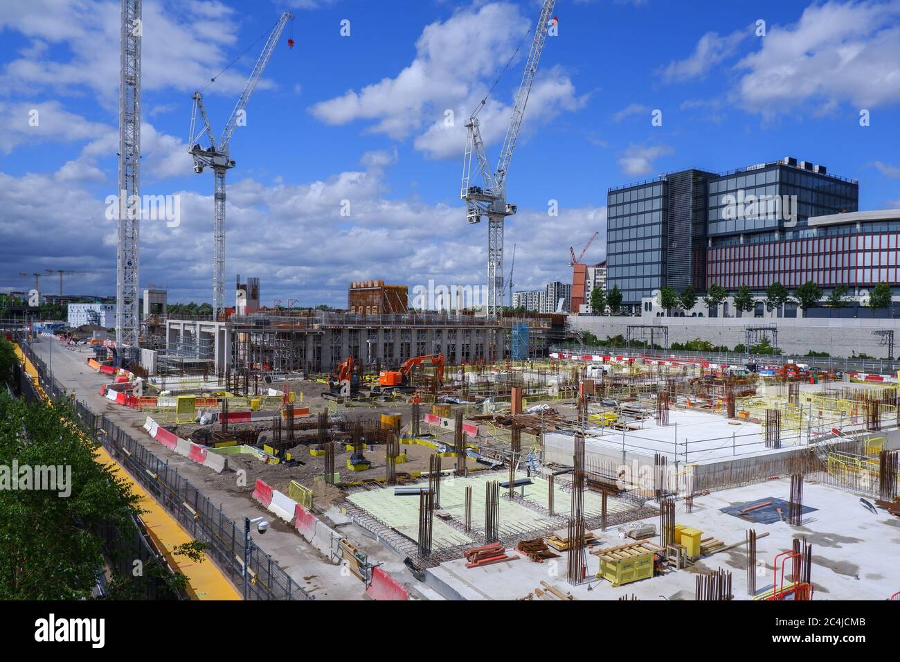 London, England – 2020 : construction site of  East Bank/ Stratford Waterfront, Queen Elizabeth Olympic Park Stock Photo