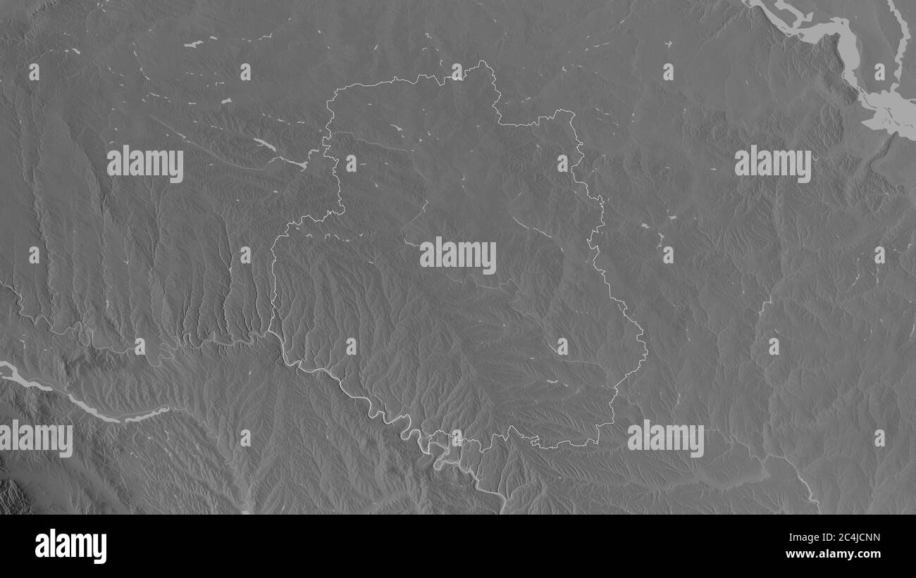 Vinnytsya, region of Ukraine. Grayscaled map with lakes and rivers. Shape outlined against its country area. 3D rendering Stock Photo