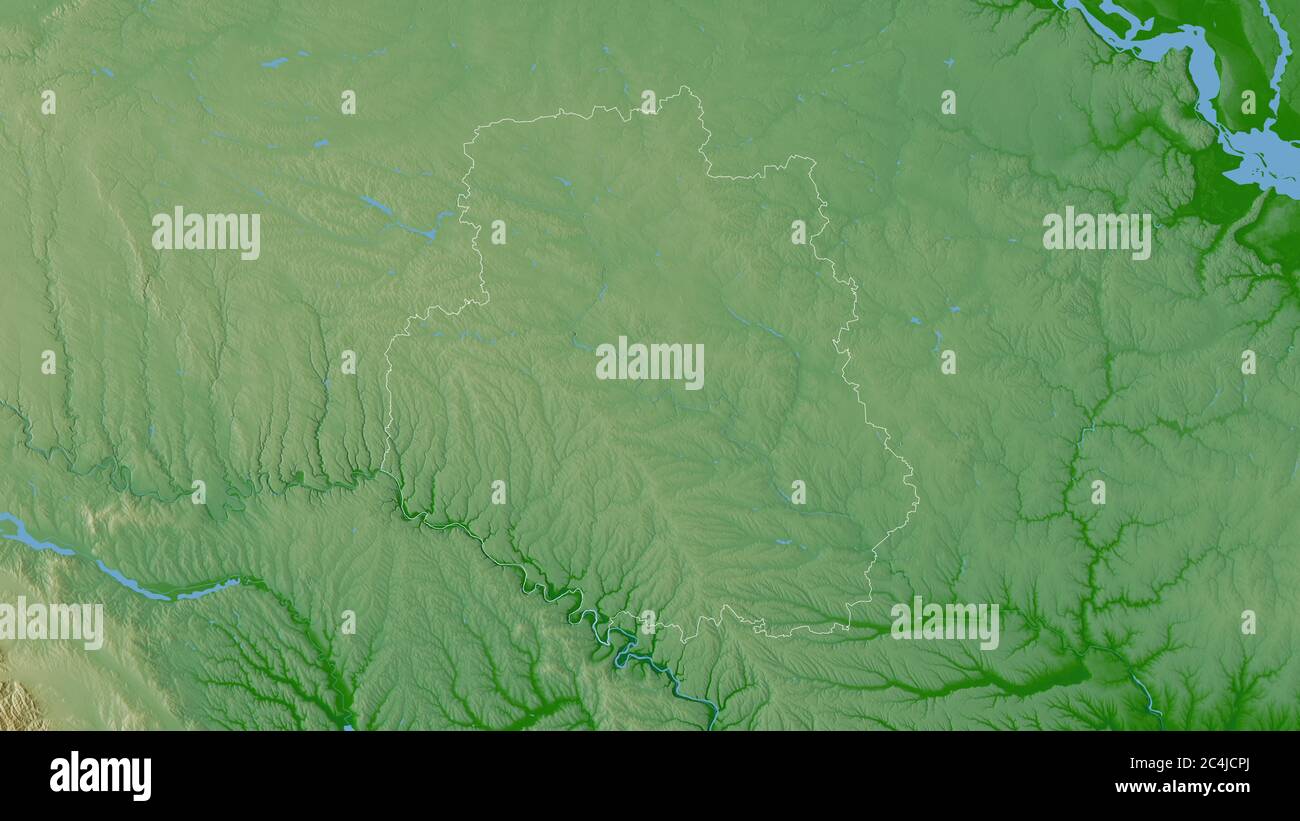 Vinnytsya, region of Ukraine. Colored shader data with lakes and rivers. Shape outlined against its country area. 3D rendering Stock Photo