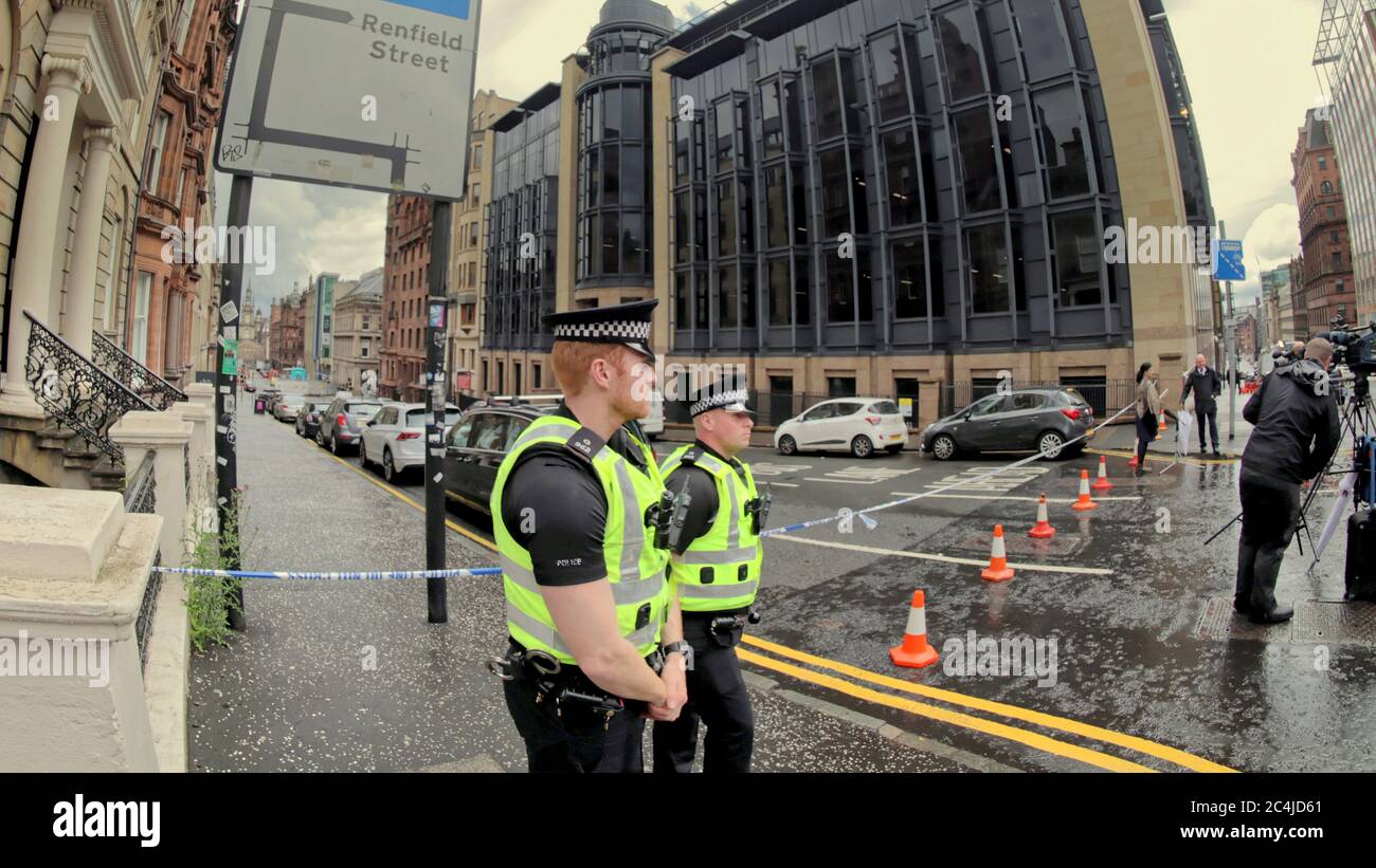 Glasgow, Scotland, UK 27th June, 2020: Streets were sealed off by police as world media descended on west George street after the refugee stabbings the area remains a no go area of interest to everyone. Credit: Gerard Ferry/Alamy Live News Stock Photo