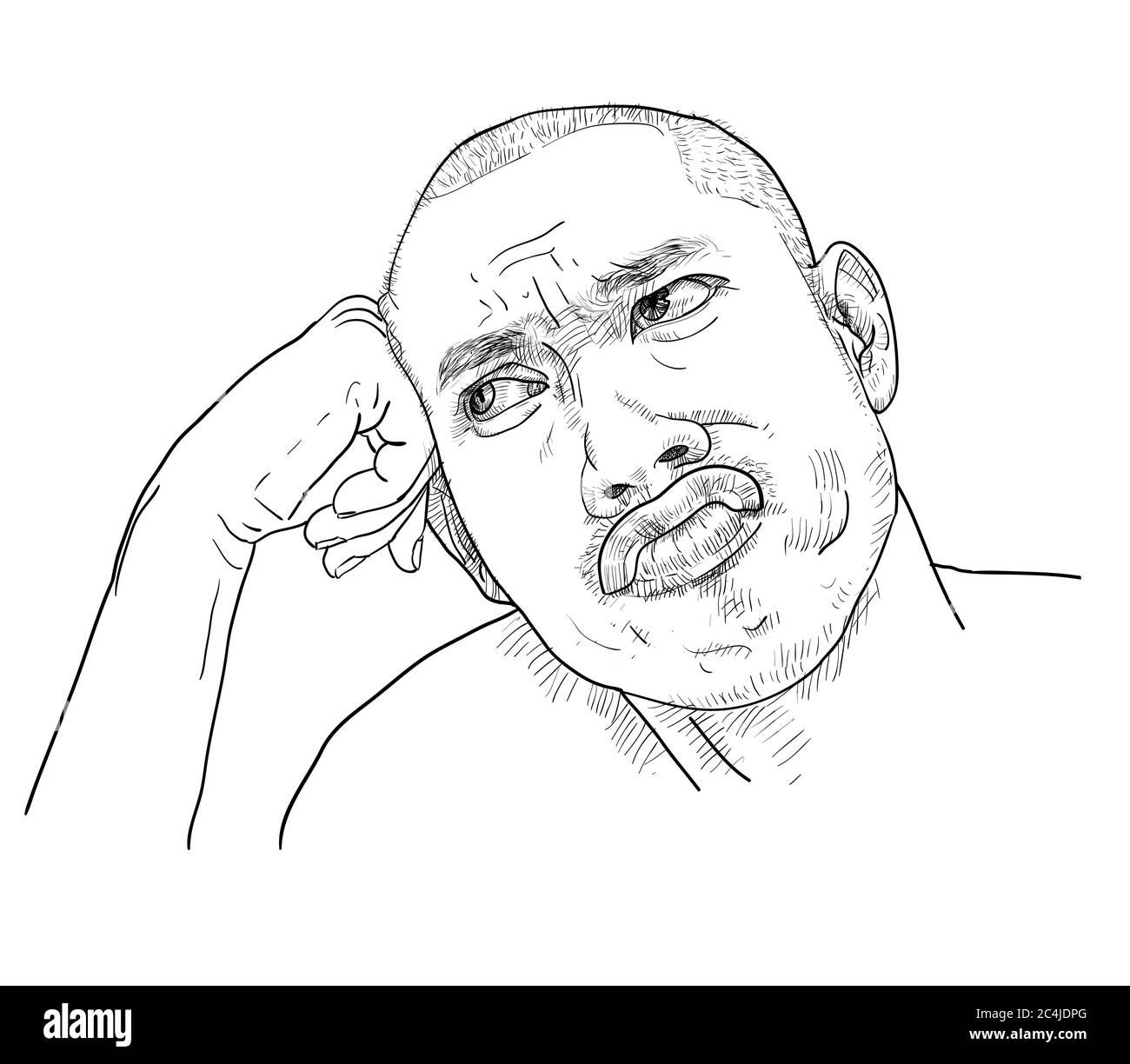 Drawing funny portrait of a man, wondering and thinking facial expressions and pose. Vector illustration. Stock Vector