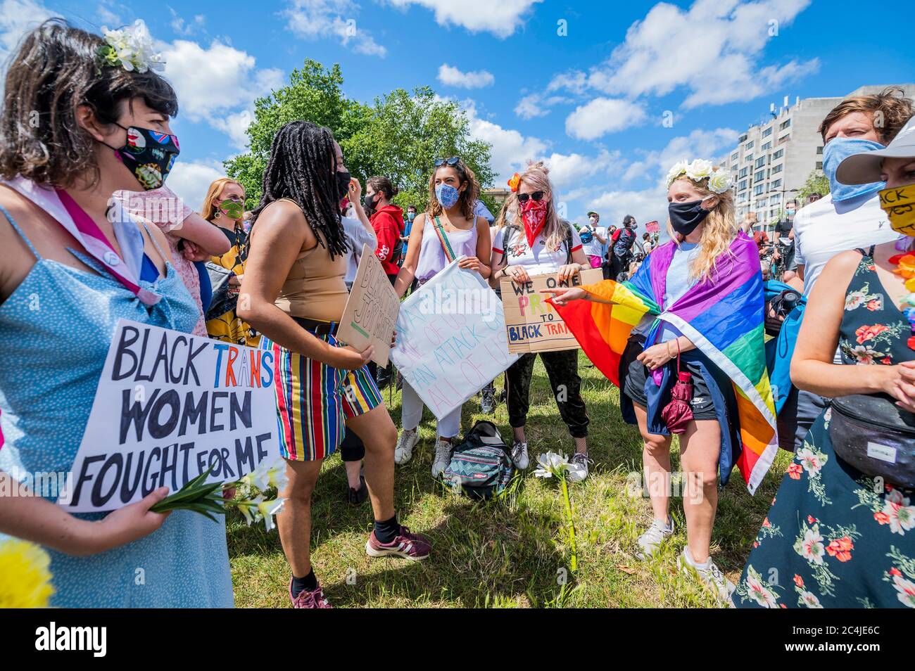 London, UK. 27th June, 2020. London Trans  Pride peaceful protest for Black Trans Lives Matter. The march was a demonstration against transphobic legislation proposed by the government, a commemoration of Black Trans lives that have been lost and a celebration of the Black Trans community. Black Lives Matter protesters respond to the the death of George Floyd, in Minneapolis. The eased 'lockdown' continues for the Coronavirus (Covid 19) outbreak in London. Credit: Guy Bell/Alamy Live News Stock Photo