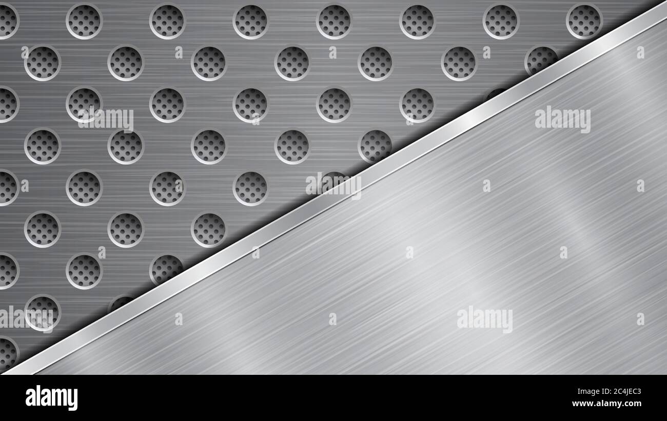 Background in silver and gray colors, consisting of a perforated metallic surface with holes and one big polished plate located in diagonal, with a me Stock Vector
