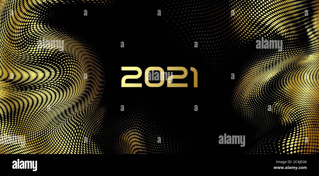 Happy New Year. Holiday vector of golden 2021 and glittering halftone pattern. For design Festive poster or banner design Stock Vector