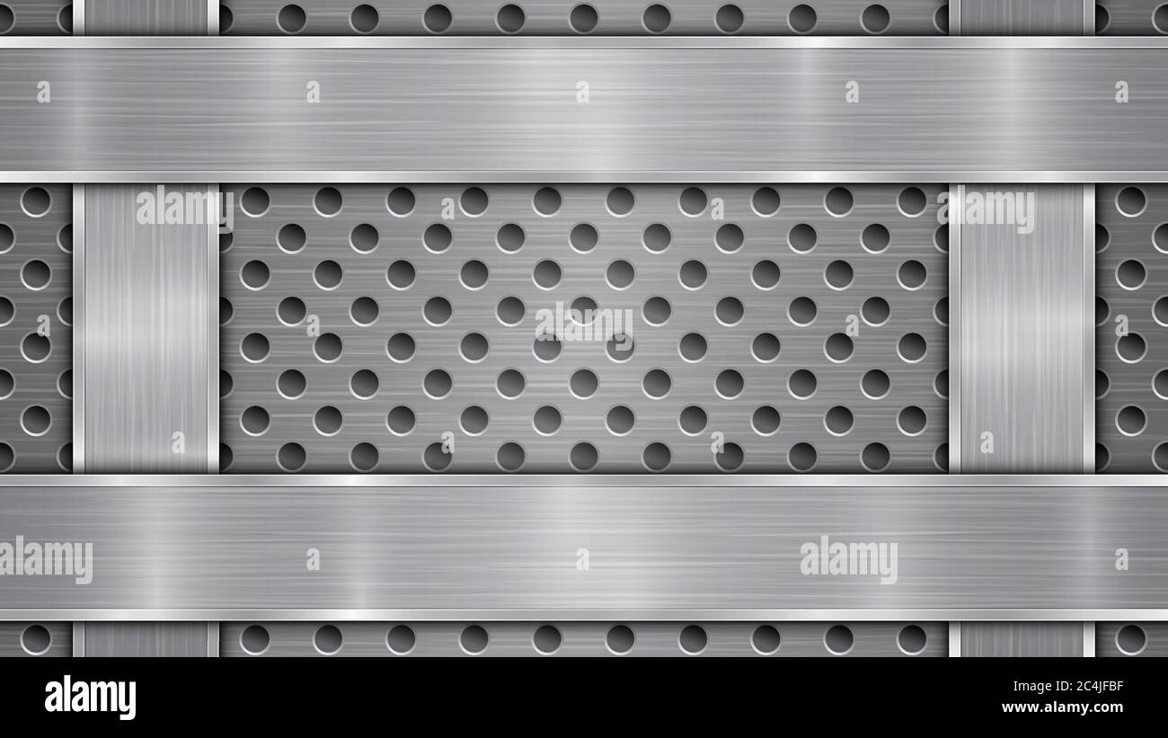 Background in silver and gray colors, consisting of a perforated metallic surface with holes and vertical and horizontal polished plates located on fo Stock Vector