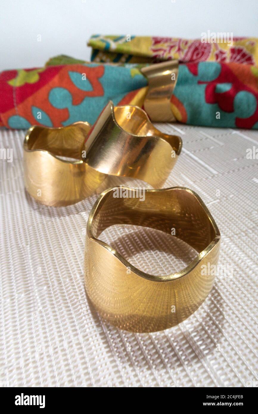 Solid brass napkin rings, USA Stock Photo