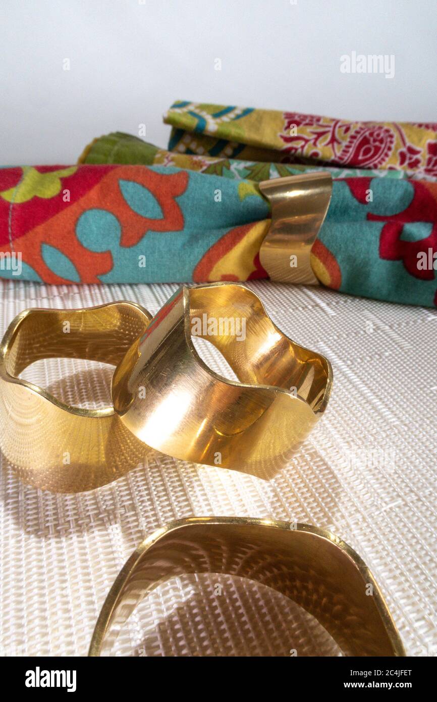 Solid brass napkin rings, USA Stock Photo