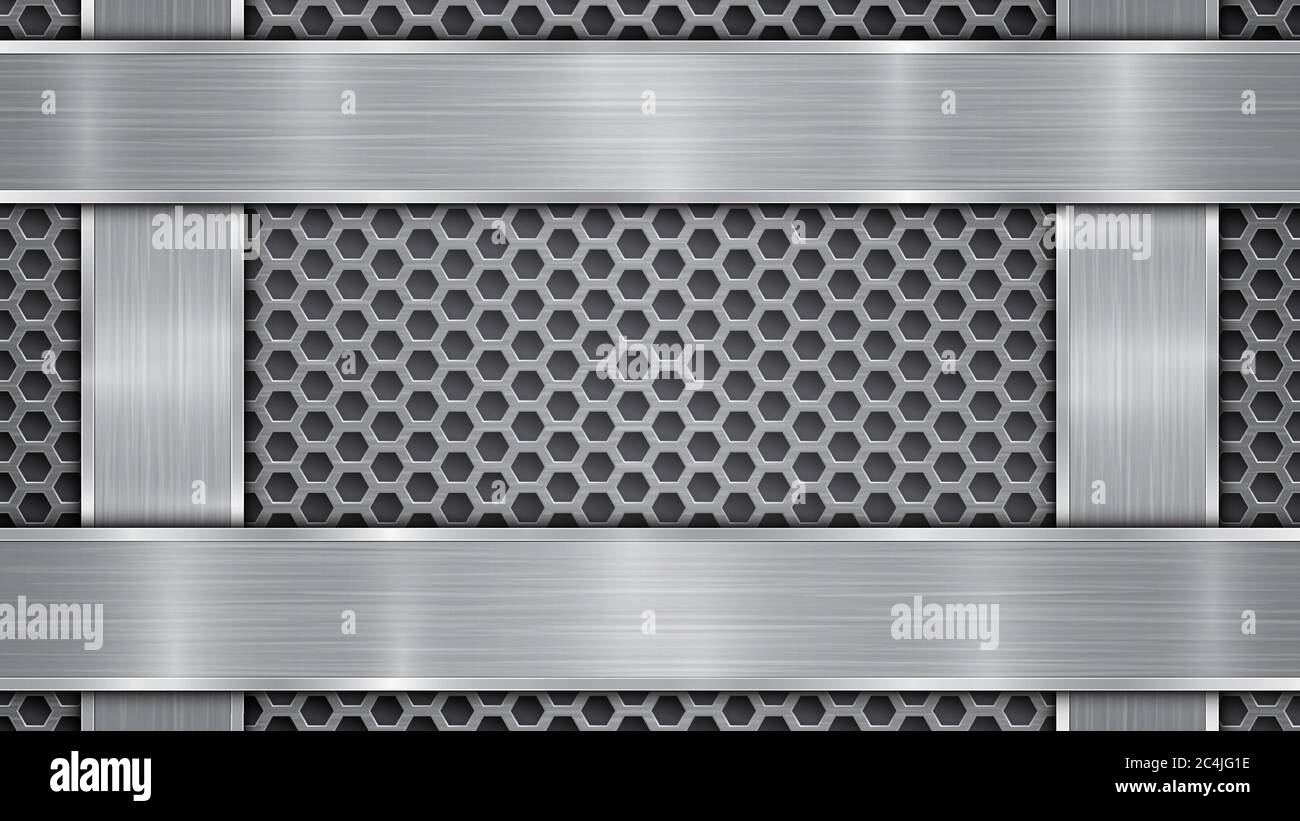 Background in silver and gray colors, consisting of a perforated metallic surface with holes and vertical and horizontal polished plates located on fo Stock Vector