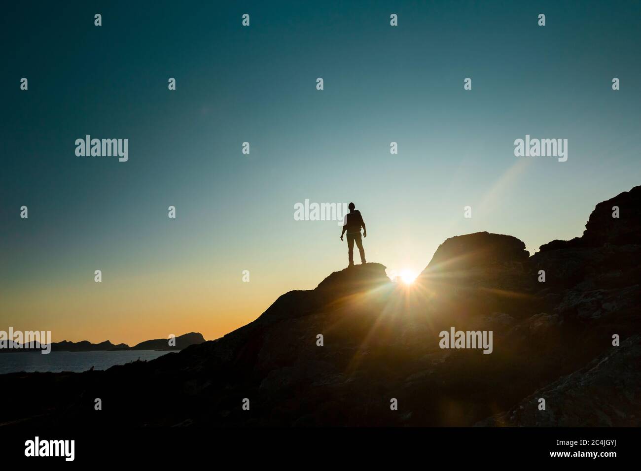 Silhouette backpacker man enjoying view hi-res stock photography and ...