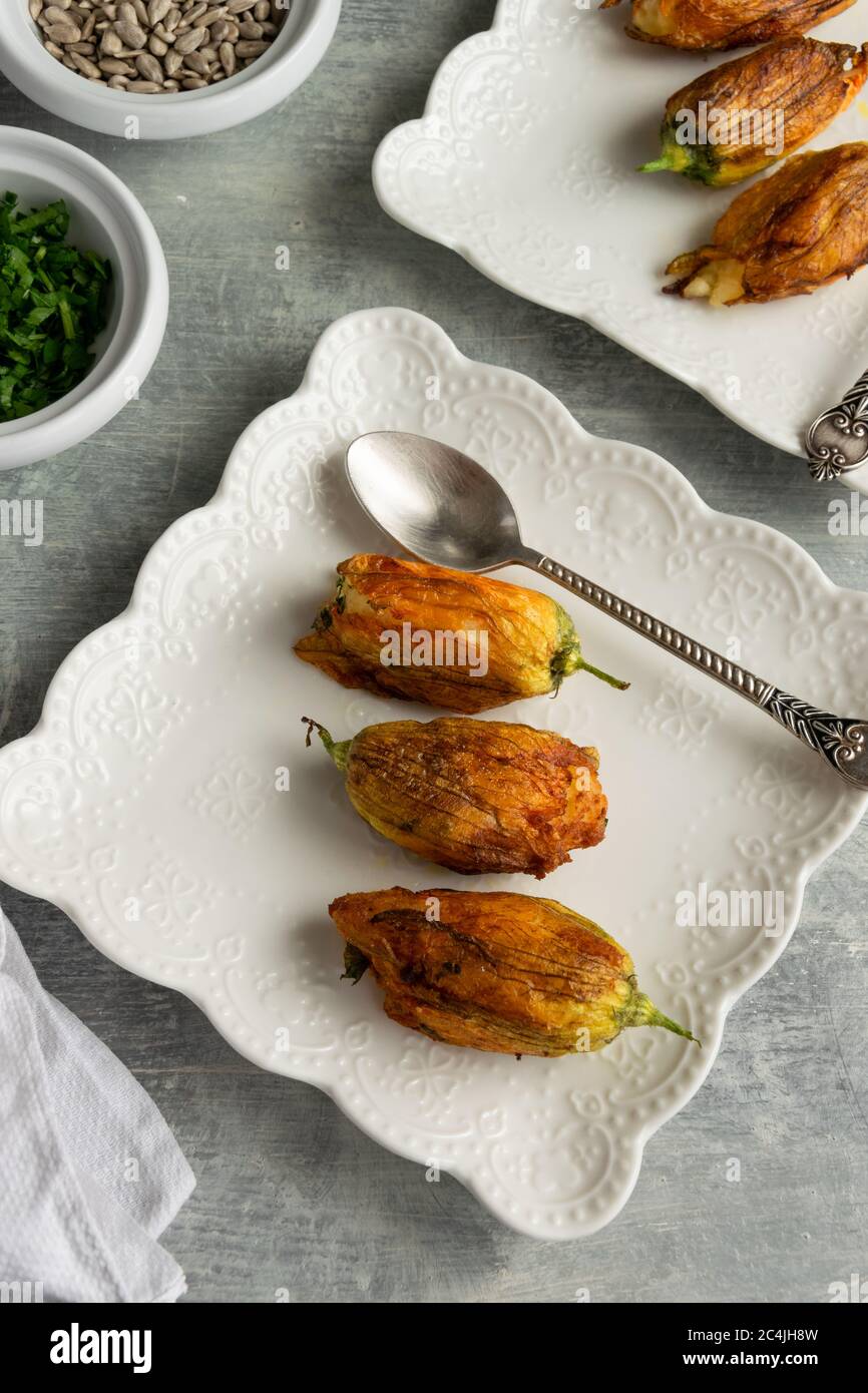Ready to eat stuffed courgette flowers Stock Photo Alamy