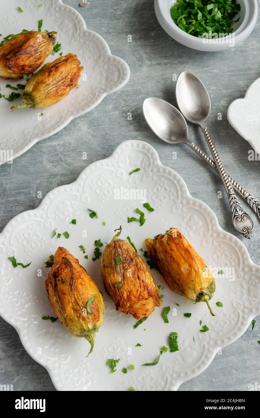 Ready to eat stuffed courgette flowers Stock Photo Alamy