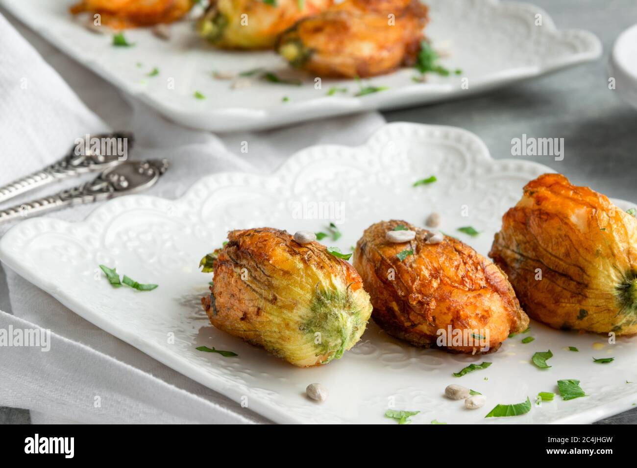 Ready to eat stuffed courgette flowers Stock Photo Alamy