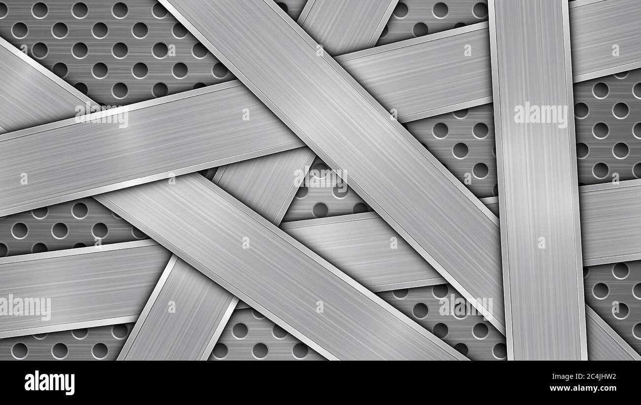 Background in silver and gray colors, consisting of a perforated metallic surface with holes and several randomly arranged intersecting polished plate Stock Vector