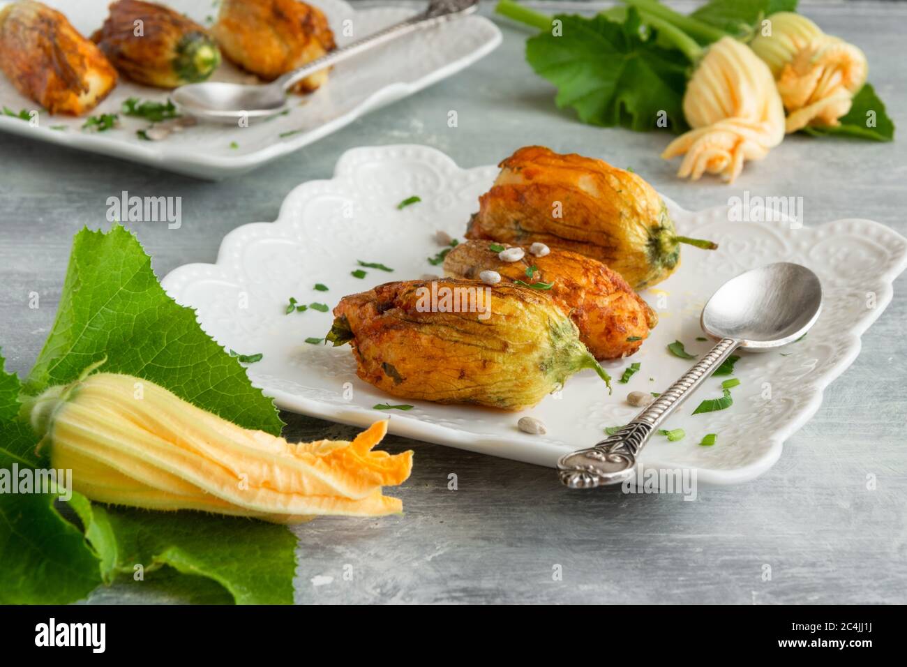 Ready to eat stuffed courgette flowers Stock Photo Alamy