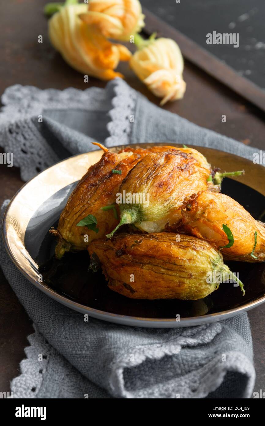 Ready to eat stuffed courgette flowers Stock Photo Alamy