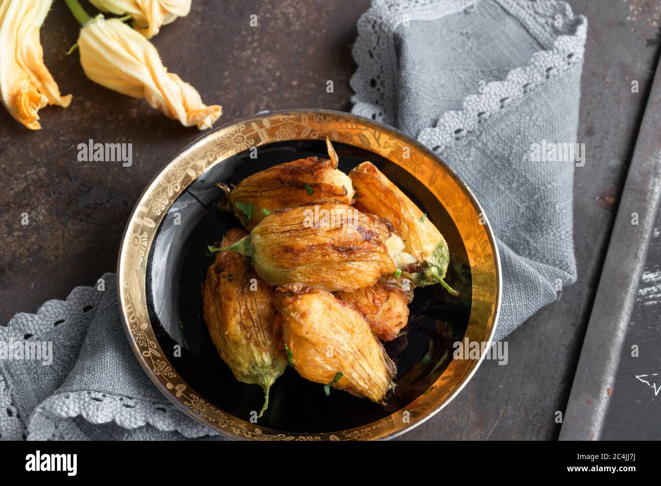 Ready to eat stuffed courgette flowers Stock Photo Alamy