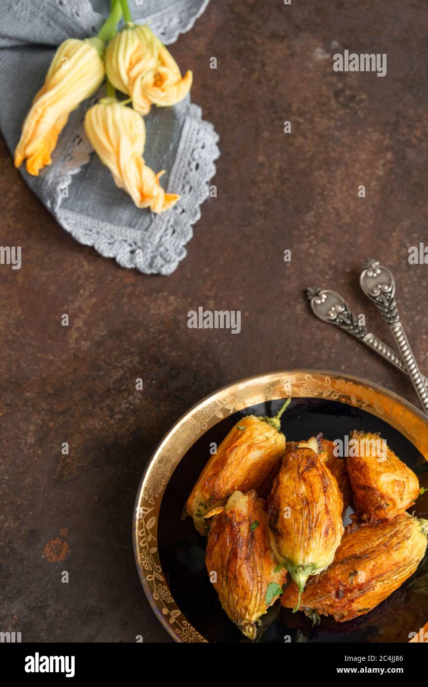 Ready to eat stuffed courgette flowers Stock Photo Alamy