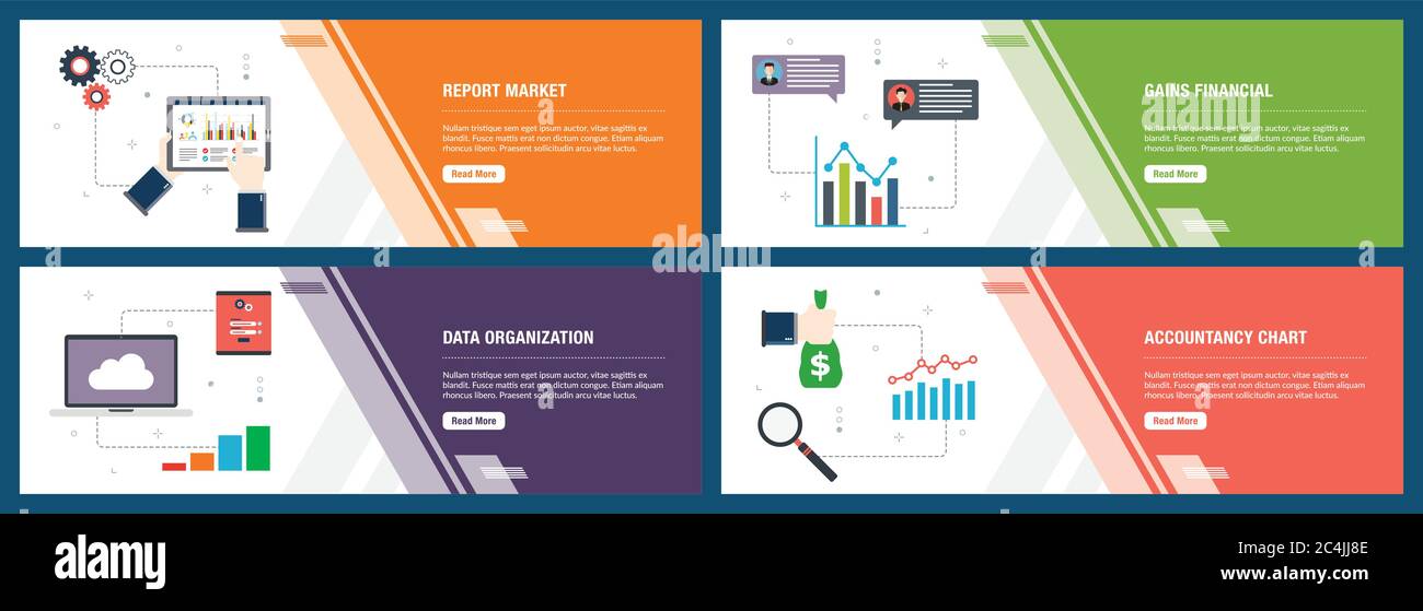 Web banners concept in vector with report market, gains financial, data organization and accountancy chart. Internet website banner concept with icon Stock Vector