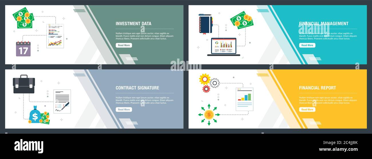 Web banners concept in vector with investment data, financial management, contract signature and financial report. Internet website banner concept wit Stock Vector