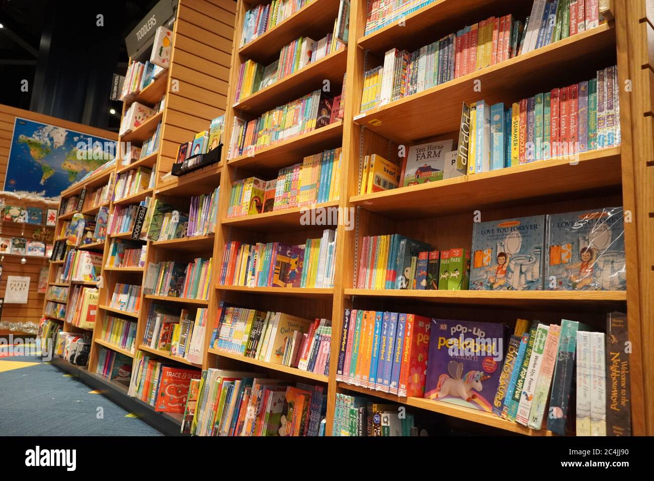 Children drawing and coloring books on shelves in a bookstore for sale. Library kids books section. Variety of Books For Sale On Bookshelf In Library. Stock Photo