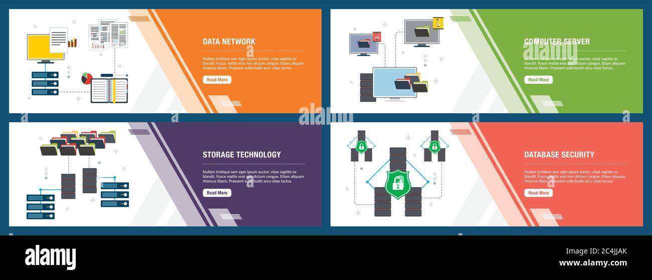 Vector set of vertical web banners with data network, computer server, storage technology and database security. Vector banner template for website an Stock Vector