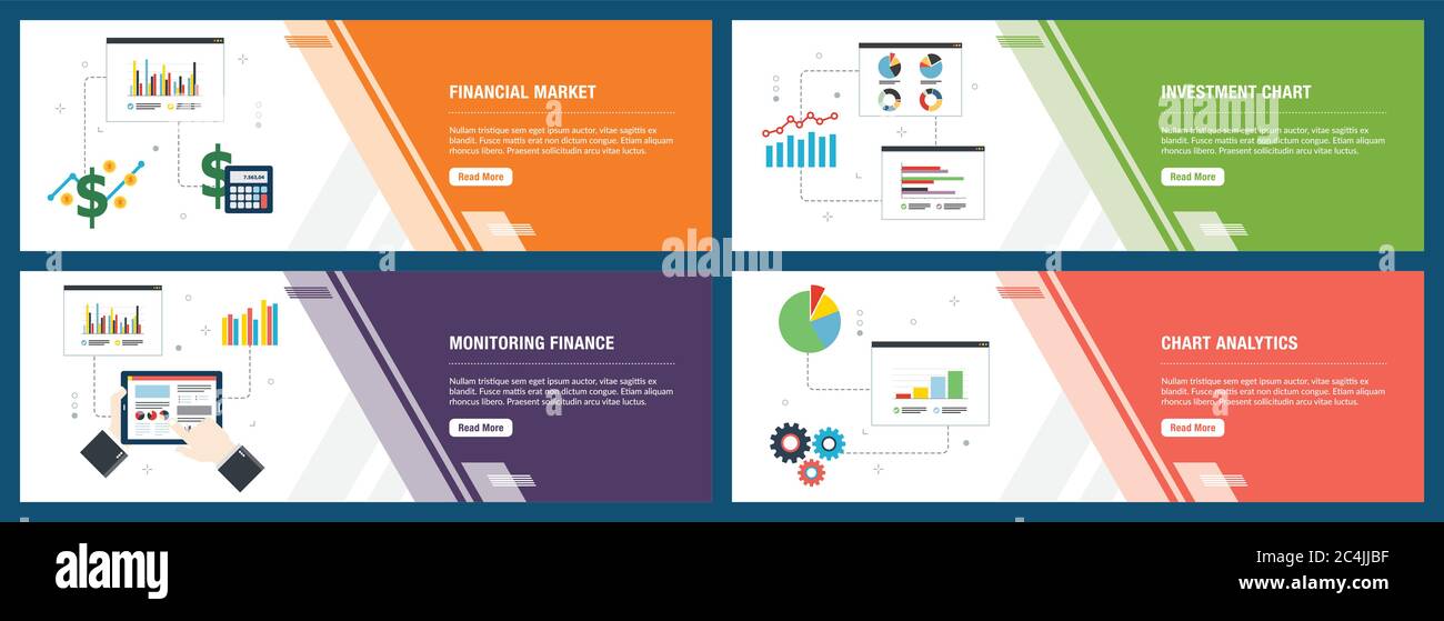 Web banners concept in vector with financial market, investment chart, monitoring finance and chart analytics. Internet website banner concept with ic Stock Vector
