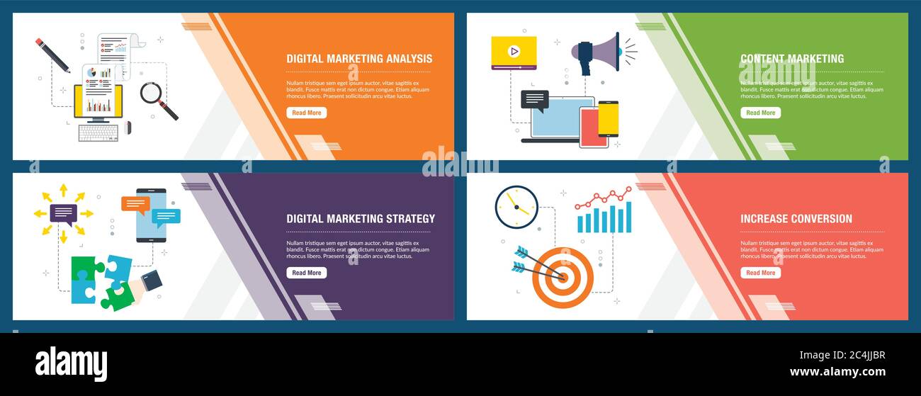 Web banners concept in vector with digital marketing analysis, content marketing, strategy and increase conversion. Internet website banner concept wi Stock Vector