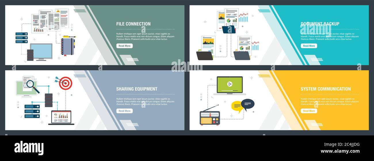 Vector set of vertical web banners with file connection, document backup, sharing equipment and system communication. Vector banner template for websi Stock Vector