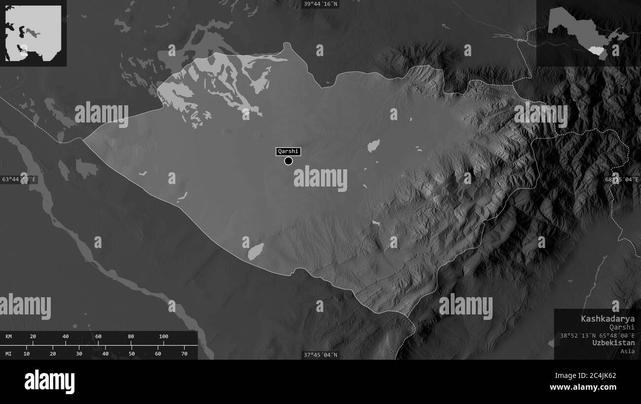 Kashkadarya, region of Uzbekistan. Grayscaled map with lakes and rivers ...