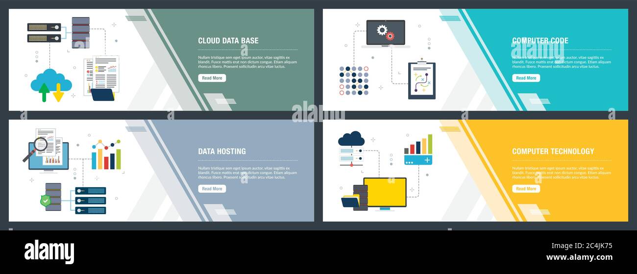 Vector set of vertical web banners with cloud data base, computer code, data hosting and computer technology. Vector banner template for website and m Stock Vector