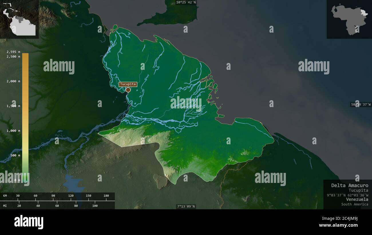 Delta Amacuro, state of Venezuela. Colored shader data with lakes and rivers. Shape presented against its country area with informative overlays. 3D r Stock Photo