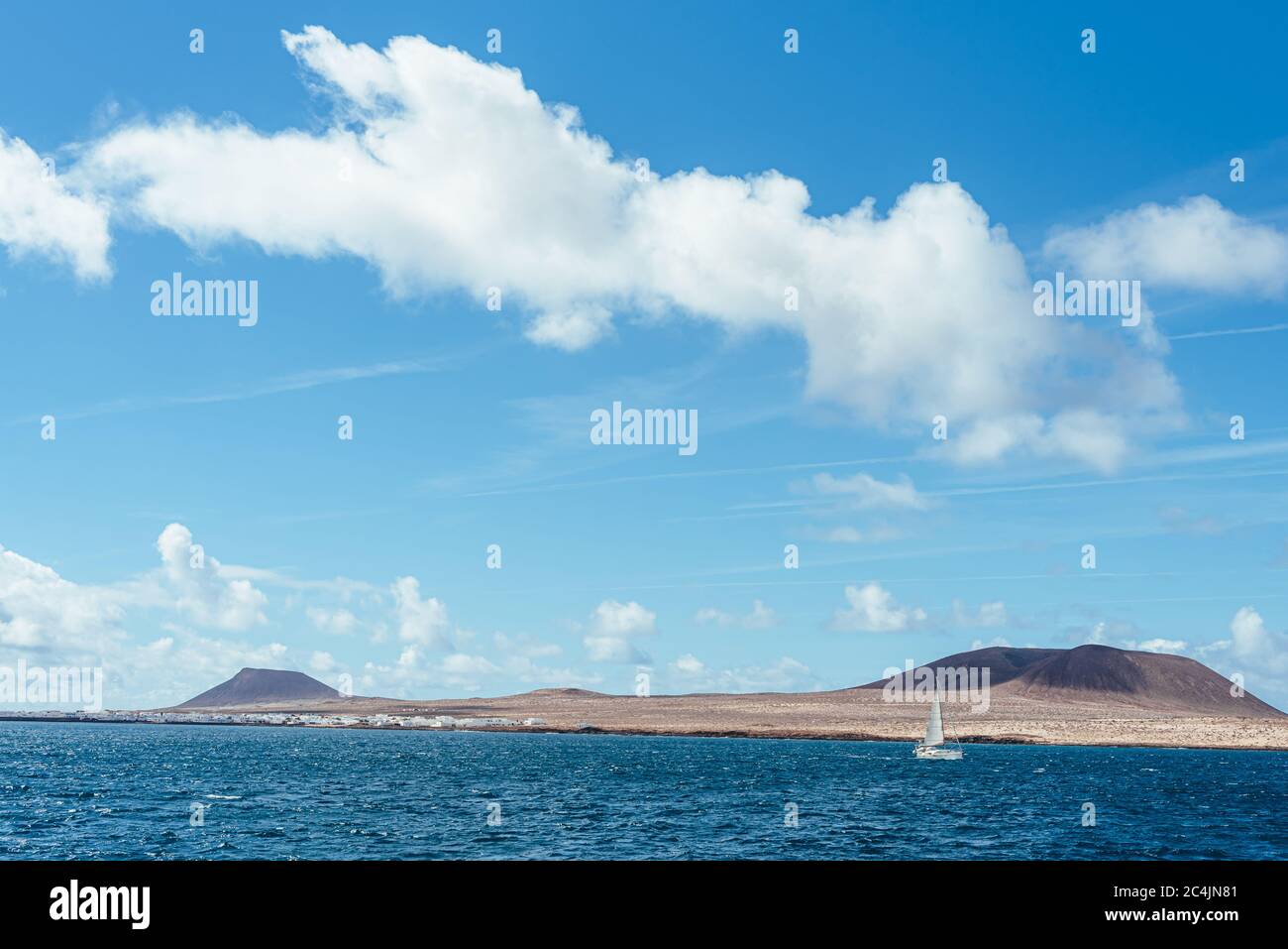 Approaching La Graciosa/Graciosa Island on the ferry from Lanzarote's Orzola port, Canary Islands, Spain Stock Photo