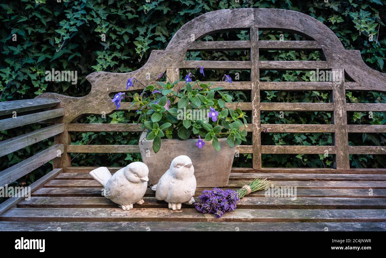 Garden decorations with Streptocarpus plant and decorative birds on a wooden bench. Stock Photo