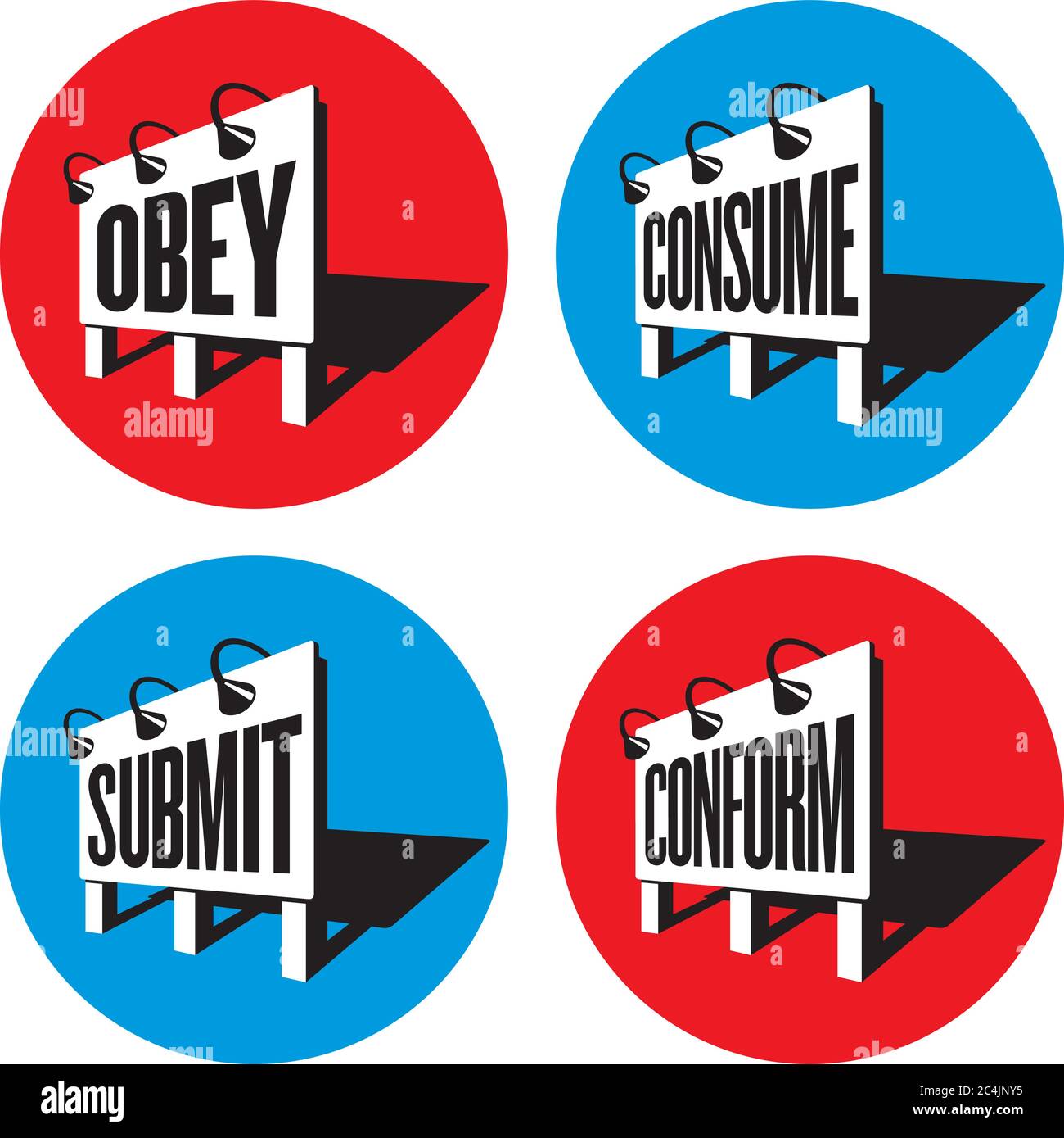 Set of four subliminal messaging propaganda billboard signs telling people to obey and conform. Inspired by the science fiction movie, They Live. Stock Vector
