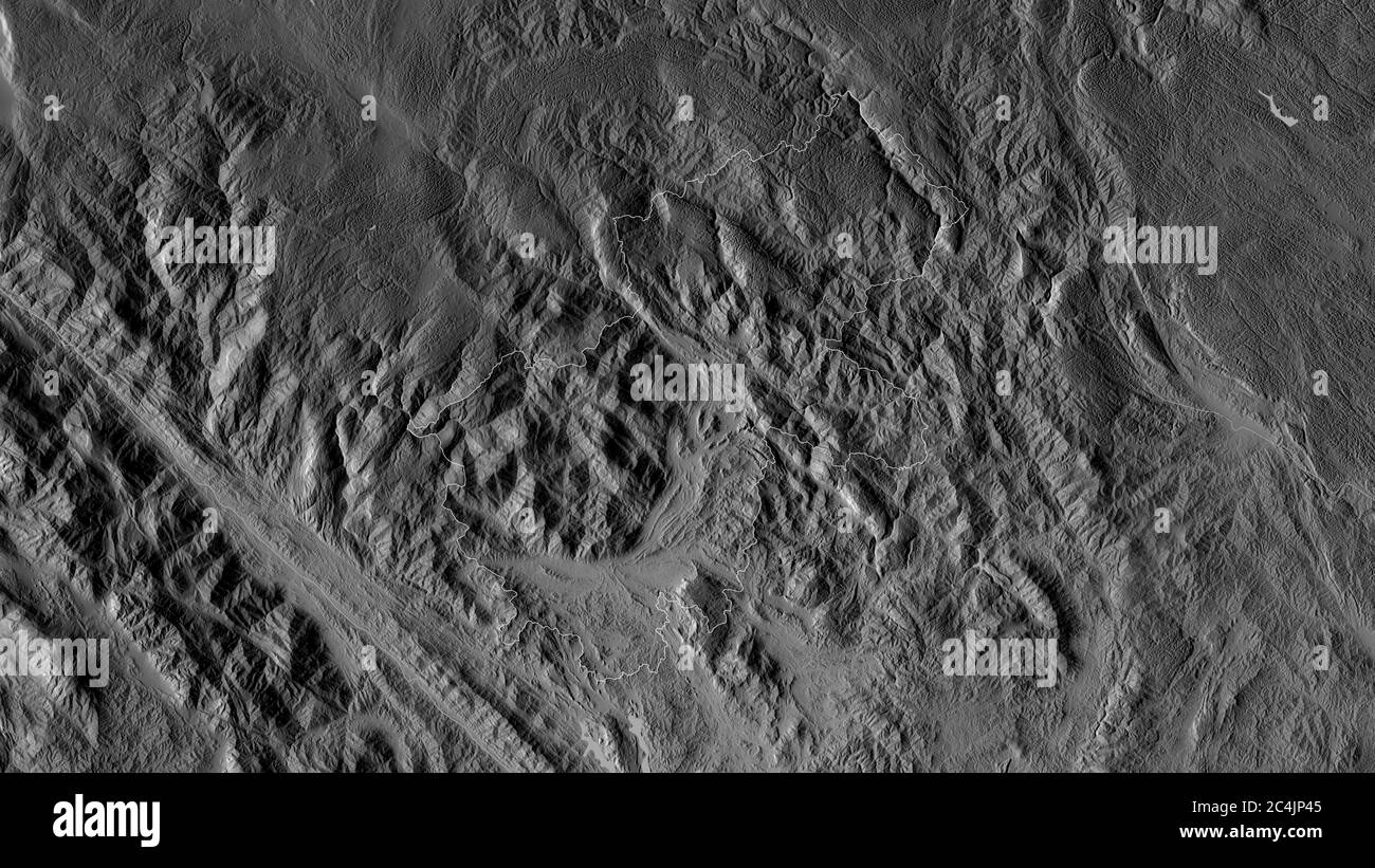 Hà Giang, province of Vietnam. Grayscaled map with lakes and rivers. Shape outlined against its country area. 3D rendering Stock Photo